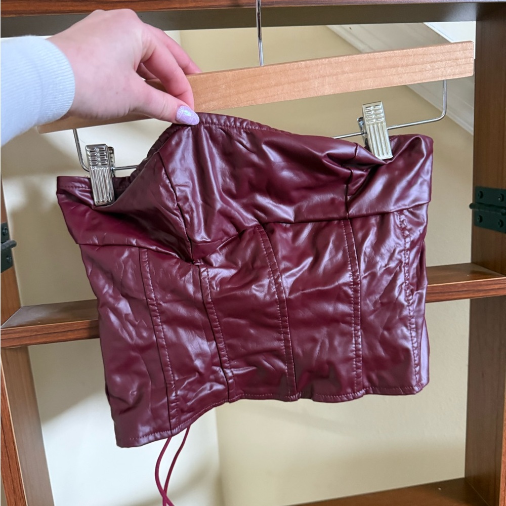 SHEIN Burgundy Faux Leather Lace-Up Corset Top